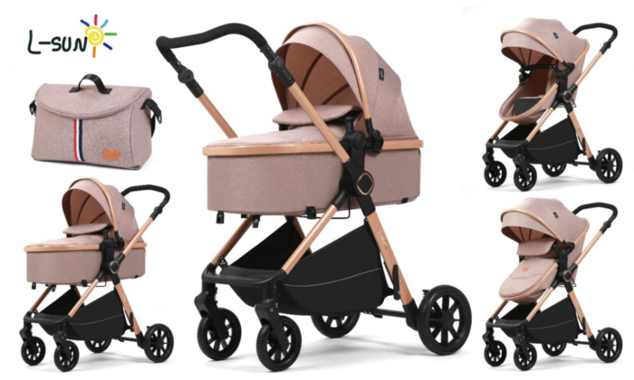 Carucior 2 in 1, Suspensie dubla pe roata, Geanta inclusa, strangere compacta, Maner reversibil, Bej [1]