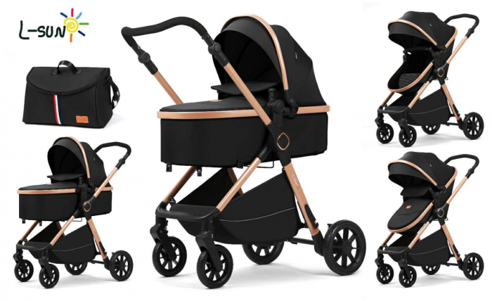 Carucior 2 in 1, Suspensie dubla pe roata, Geanta inclusa, strangere compacta, Maner reversibil, Negru - Copie [1]