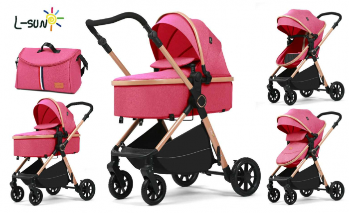 Carucior 2 in 1, Suspensie dubla pe roata, Geanta inclusa, strangere compacta, Maner reversibil,  Roz [1]