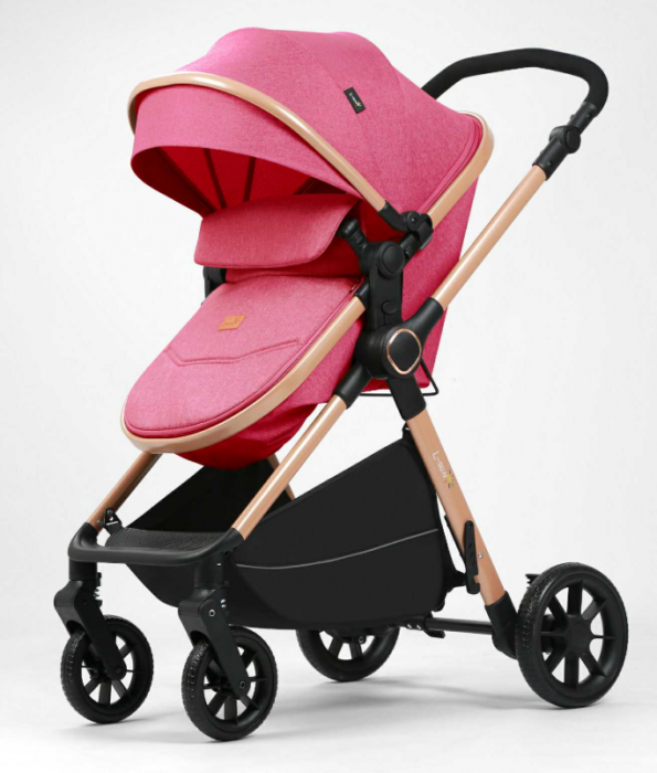 Carucior 2 in 1, Suspensie dubla pe roata, Geanta inclusa, strangere compacta, Maner reversibil,  Roz [3]