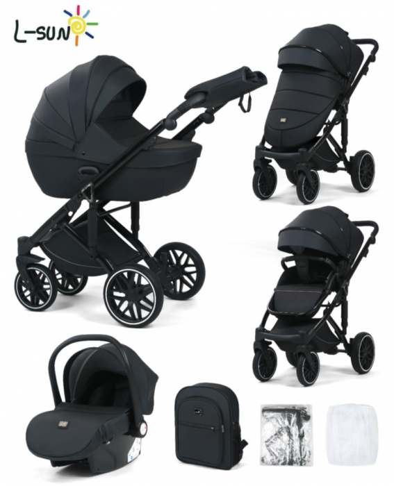 Carucior 3 in 1, 0-36 luni, Colectia Fizio-Lux G8, Piese distincte, Cu Suspensii, Landou reversibil, Husa de ploaie si insecte, Geanta de scutece, Manusi de protectie, Eco-piele, Negru antracit [7]
