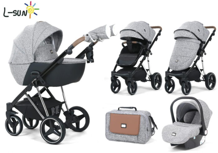Carucior 3 in 1, 0-36 luni, Colectia Fizio-Lux G9, Piese distincte, Cu Suspensii, Landou reversibil, Husa de ploaie si insecte, Geanta de scutece, Manusi de protectie, Gri [6]