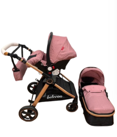 Carucior 3 in 1, Cu landou Reversibil, copertina extensibila, geanta pentru scutece, Belecoo, Cu scoica auto [8]