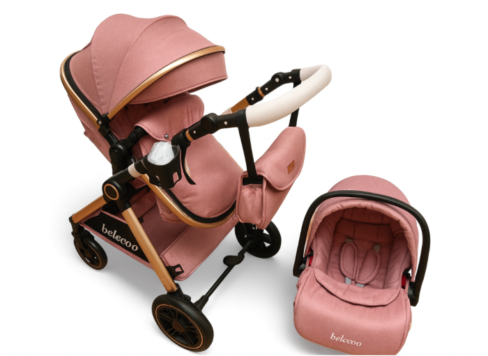 Carucior 3 in 1, Cu landou Reversibil, copertina extensibila, geanta pentru scutece, Belecoo, Cu scoica auto [1]