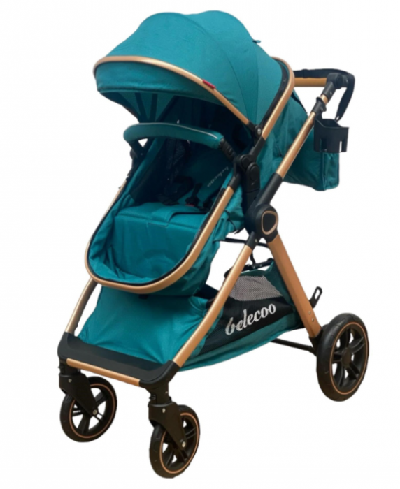 Carucior 3 in 1, Cu landou Reversibil, copertina extensibila, geanta pentru scutece, Belecoo, Cu scoica auto [5]