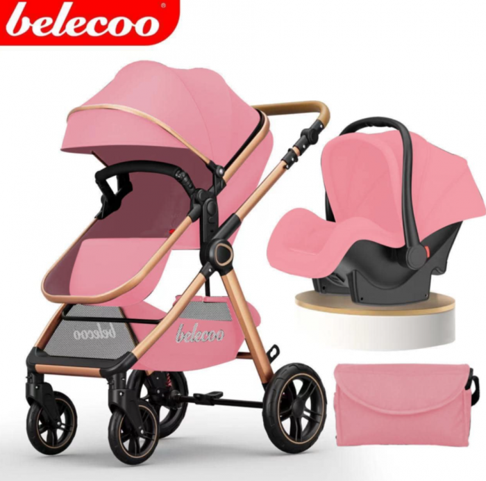 Carucior 3 in 1, Cu landou Reversibil, copertina extensibila, geanta pentru scutece, Belecoo, Cu scoica auto [1]