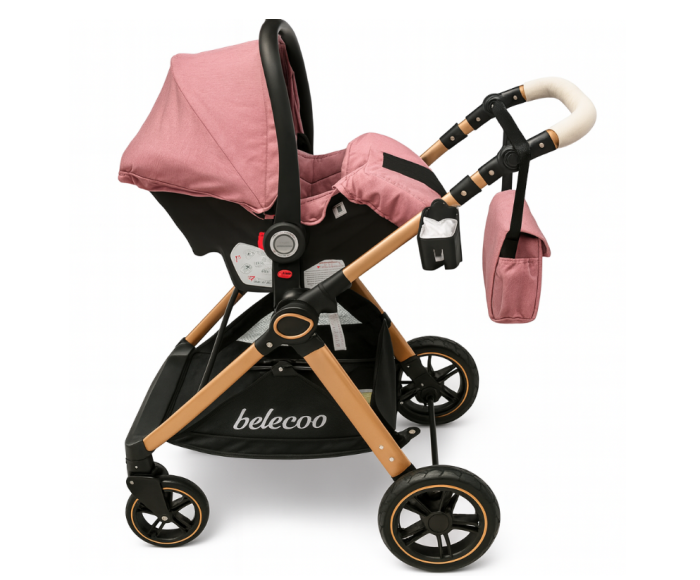Carucior 3 in 1, Cu landou Reversibil, copertina extensibila, geanta pentru scutece, Belecoo, Cu scoica auto [5]