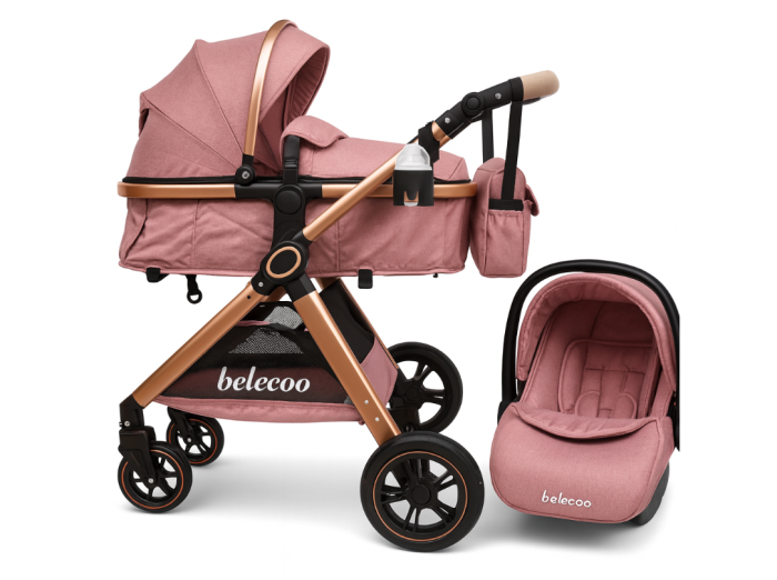 Carucior 3 in 1, Cu landou Reversibil, copertina extensibila, geanta pentru scutece, Belecoo, Cu scoica auto [3]