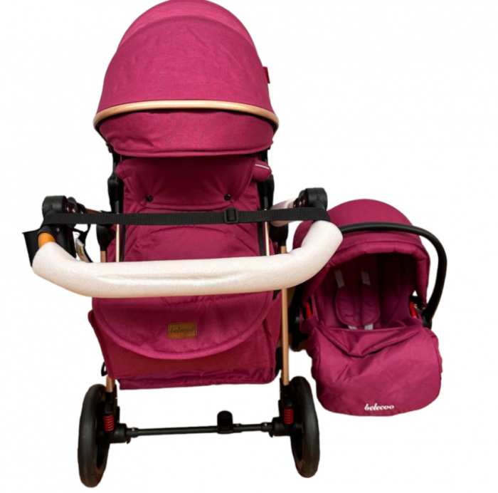 Carucior 3 in 1, Cu landou Reversibil, copertina extensibila, geanta pentru scutece, Belecoo, Cu scoica auto,  Mov Perlat [8]