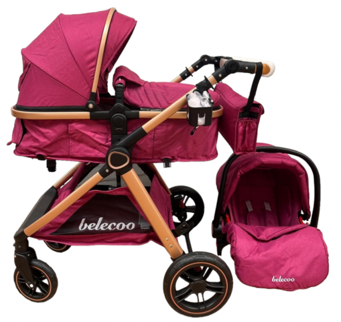 Carucior 3 in 1, Cu landou Reversibil, copertina extensibila, geanta pentru scutece, Belecoo, Cu scoica auto,  Mov Perlat [1]