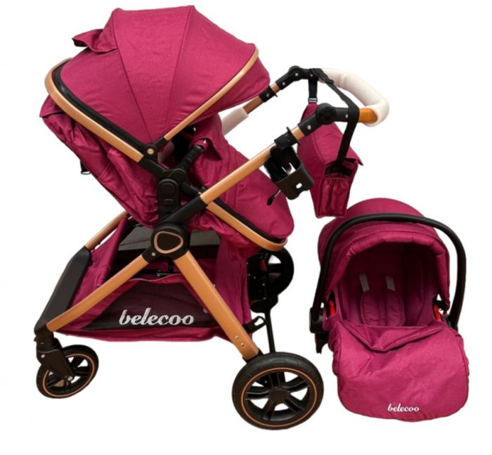 Carucior 3 in 1, Cu landou Reversibil, copertina extensibila, geanta pentru scutece, Belecoo, Cu scoica auto,  Mov Perlat [6]