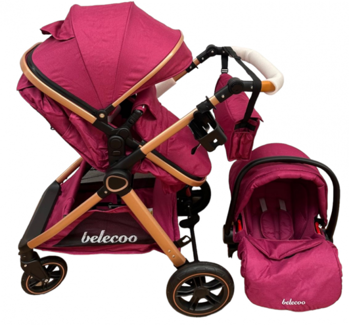 Carucior 3 in 1, Cu landou Reversibil, copertina extensibila, geanta pentru scutece, Belecoo, Cu scoica auto,  Mov Perlat [4]