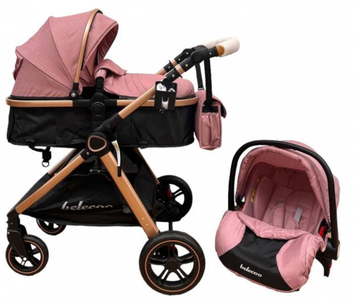 Carucior 3 in 1, Cu landou Reversibil, copertina extensibila, geanta pentru scutece, Belecoo, Cu scoica auto, Roz cu negru [2]
