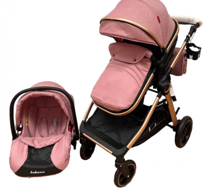 Carucior 3 in 1, Cu landou Reversibil, copertina extensibila, geanta pentru scutece, Belecoo, Cu scoica auto, Roz cu negru [7]
