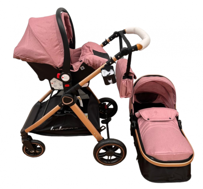 Carucior 3 in 1, Cu landou Reversibil, copertina extensibila, geanta pentru scutece, Belecoo, Cu scoica auto, Roz cu negru [6]