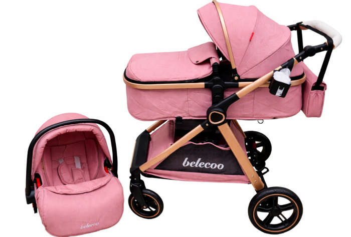Carucior 3 in 1, Cu landou Reversibil, copertina extensibila, geanta pentru scutece, Belecoo, Cu scoica auto, Roz Pudra [2]