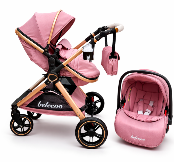 Carucior 3 in 1, Cu landou Reversibil, copertina extensibila, geanta pentru scutece, Belecoo, Cu scoica auto, Roz Pudra [4]