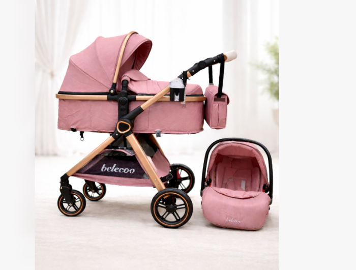 Carucior 3 in 1, Cu landou Reversibil, copertina extensibila, geanta pentru scutece, Belecoo, Cu scoica auto, Roz Pudra [5]