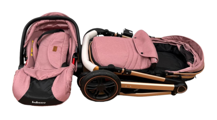 Carucior 3 in 1, Cu landou Reversibil, copertina extensibila, geanta pentru scutece, Belecoo, Cu scoica auto, Roz Pudra [3]