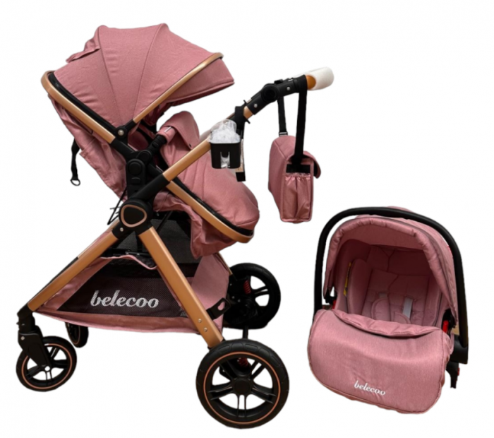 Carucior 3 in 1, Cu landou Reversibil, copertina extensibila, geanta pentru scutece, Belecoo, Cu scoica auto, Roz Pudra [5]