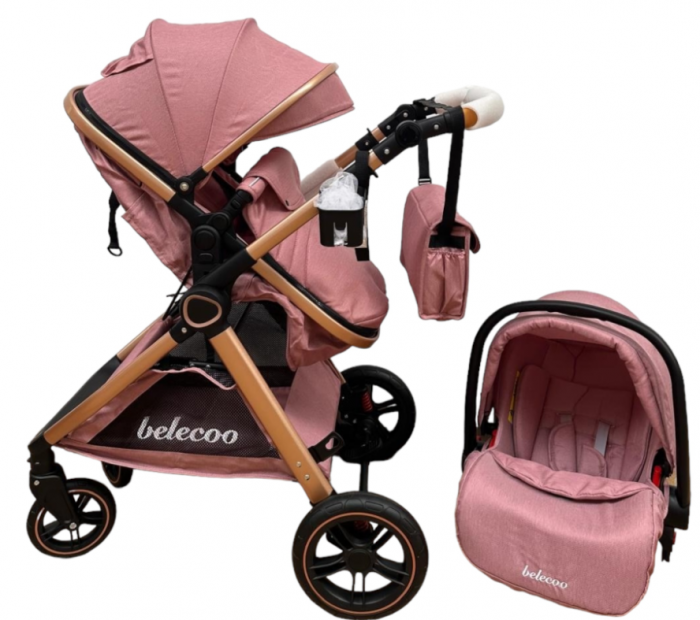 Carucior 3 in 1, Cu landou Reversibil, copertina extensibila, geanta pentru scutece, Belecoo, Cu scoica auto, Roz Pudra [3]