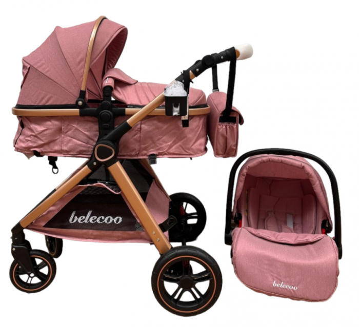 Carucior 3 in 1, Cu landou Reversibil, copertina extensibila, geanta pentru scutece, Belecoo, Cu scoica auto, Roz Pudra [1]