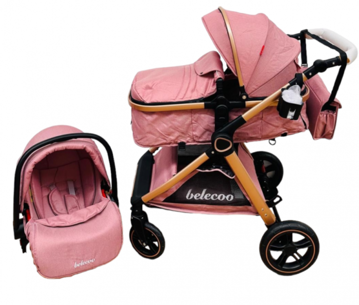 Carucior 3 in 1, Cu landou Reversibil, copertina extensibila, geanta pentru scutece, Belecoo, Cu scoica auto, Roz Pudra [2]