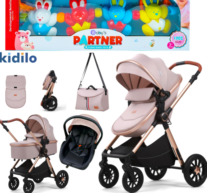 Carucior, 3 in 1, cu suspensii duble si landou reversibil, element sustinere dublu, Kidilo, Bej, Cu jucarie de carucior inclusa [1]