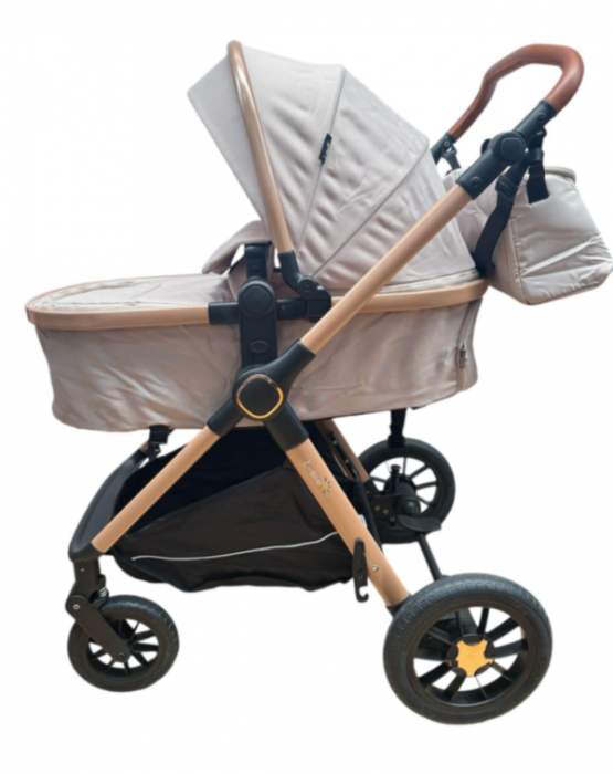 Carucior, 3 in 1, cu suspensii duble si landou reversibil, element sustinere dublu, Maner reversibil, Bej [12]