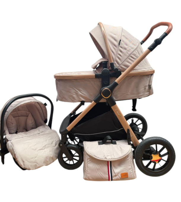 Carucior, 3 in 1, cu suspensii duble si landou reversibil, element sustinere dublu, Maner reversibil, Bej [11]