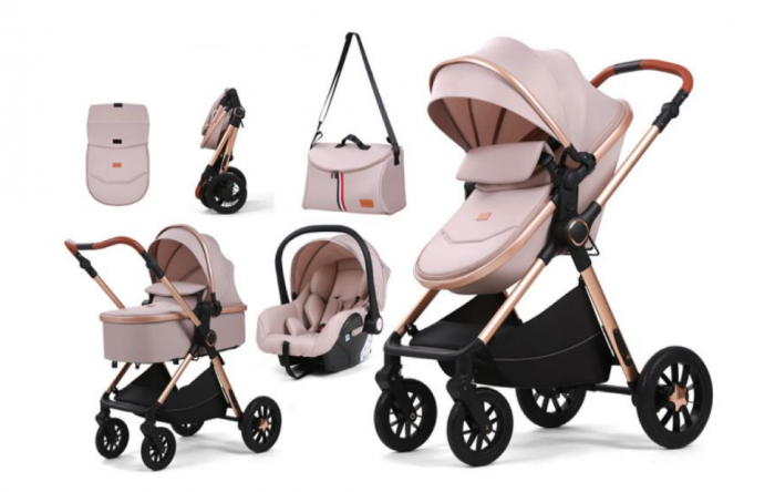 Carucior, 3 in 1, cu suspensii duble si landou reversibil, element sustinere dublu, Maner reversibil, Bej [2]