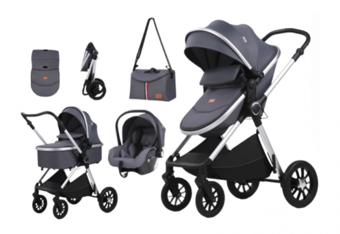 Carucior, 3 in 1, cu suspensii duble si landou reversibil, Element sustinere dublu, Maner reversibil, Kidilo, Gri [2]