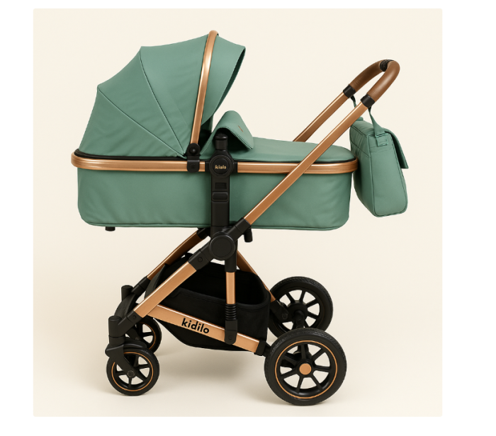 Carucior 3 in 1, cu suspensii, Geanta termica pentru accesorii si salteluta, Landou reversibil, Cadru aluminiu usor, Verde [2]