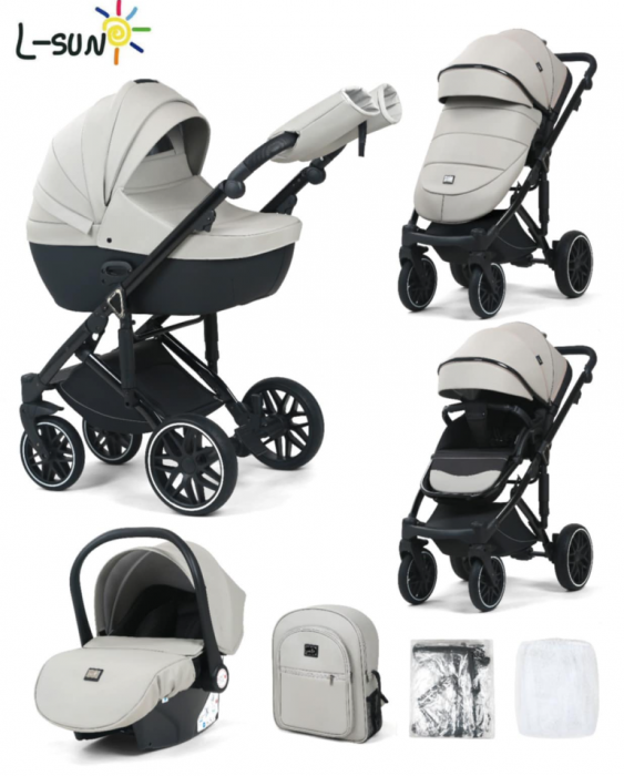 Carucior 3 in 1, 0-36 luni, Colectia Fizio-Lux G8, Piese distincte, Cu Suspensii, Landou reversibil, Husa de ploaie si insecte, Geanta de scutece, Manusi de protectie, Eco-piele, Gri [7]