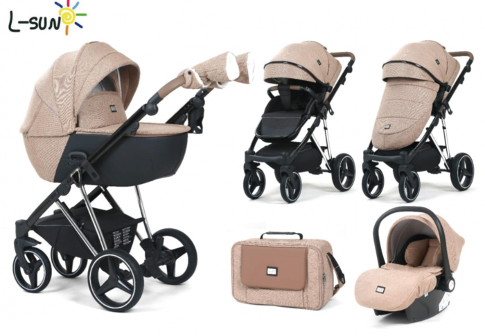 Carucior 3 in 1, 0-36 luni, Colectia Fizio-Lux G9, Piese distincte, Cu Suspensii, Landou reversibil, Husa de ploaie si insecte, Geanta de scutece, Manusi de protectie, Bej [7]
