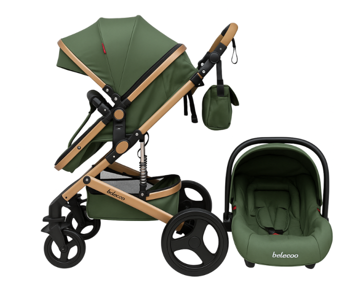 Carucior 3 in 1, Geanta de scutece, Suspensie dinamica pe roata si cadru, Belecoo, verde army [1]