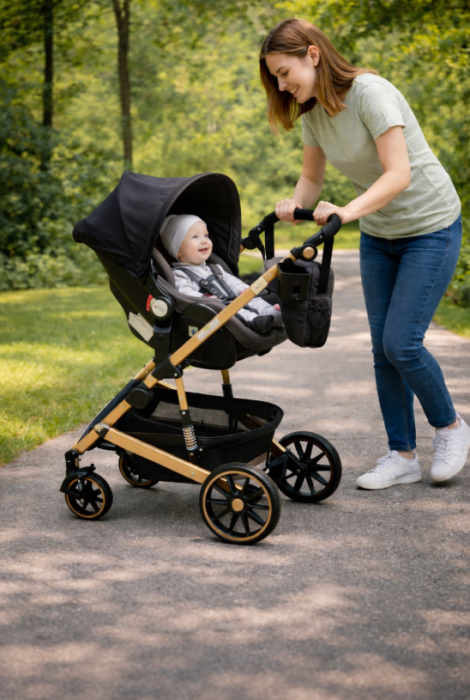 Carucior 3 in 1, Geanta de scutece, Suspensie dinamica pe roata si cadru, Cadru aluminiu [3]