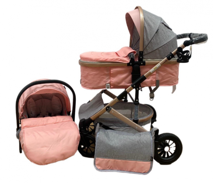 Carucior 3 in 1, Geanta de scutece, Suspensie pe roata, Bubu-Still, Gri - Roz [14]