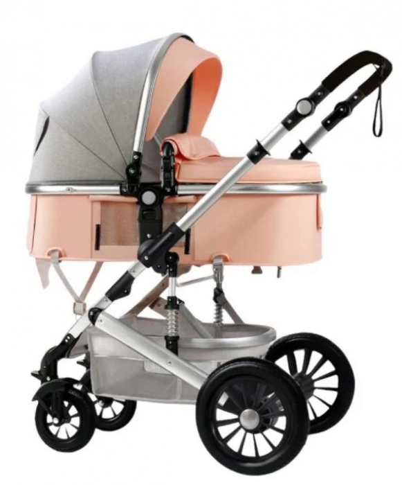 Carucior 3 in 1, Geanta de scutece, Suspensie pe roata, Bubu-Still, Gri - Roz [11]