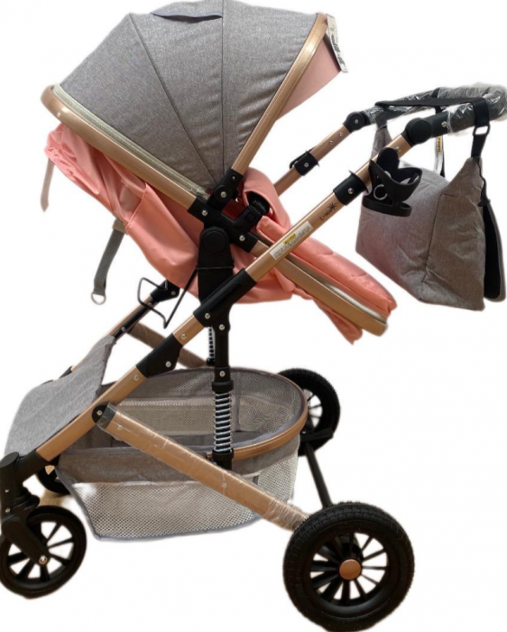 Carucior 3 in 1, Geanta de scutece, Suspensie pe roata, Bubu-Still, Gri - Roz [12]