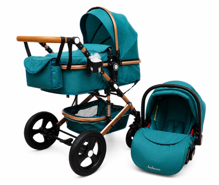Carucior 3 in 1, Geanta de scutece, Suspensie pe roata, Bubu-Still Sun-Turcoise [2]