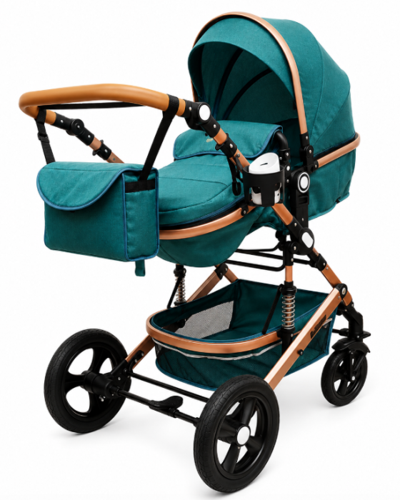 Carucior 3 in 1, Geanta de scutece, Suspensie pe roata, Bubu-Still Sun-Turcoise [6]