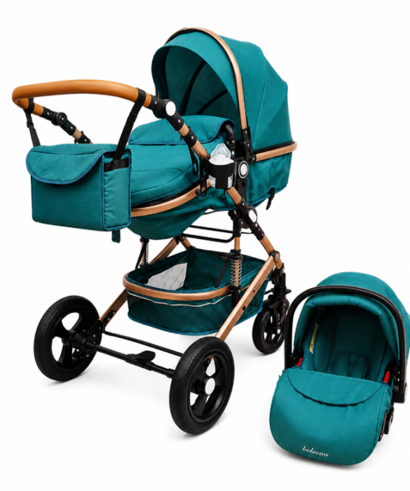 Carucior 3 in 1, Geanta de scutece, Suspensie pe roata, Bubu-Still Sun-Turcoise [3]