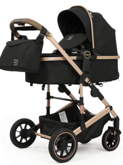Carucior 3 in 1, Kidilo, cu suspensii, Geanta termica pentru accesorii si salteluta, Negru, Landou reversibil, Cadru aluminiu, A10 [4]