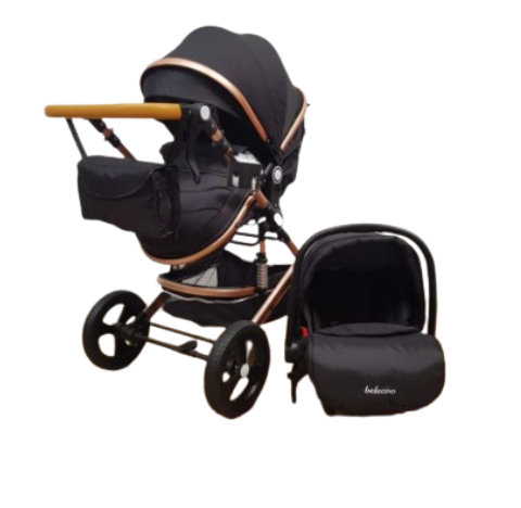 Carucior 3 in 1, Geanta de scutece, Suspensie pe roata si cadru, Belecoo, Negru [4]