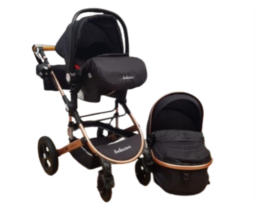 Carucior 3 in 1, Geanta de scutece, Suspensie pe roata si cadru, Belecoo, Negru [3]