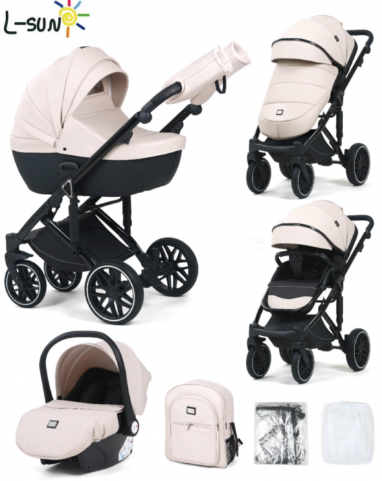 Carucior 3 in 1, 0-36 luni, Colectia Fizio-Lux G8, Piese distincte, Cu Suspensii, Landou reversibil, Husa de ploaie si insecte, Geanta de scutece, Manusi de protectie, Eco-piele, Bej unt [7]