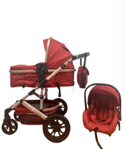 Carucior 3 in 1, Geanta de scutece, Suspensie pe roata si cadru, maner de piele, Bubu-Still®, Rosu [4]