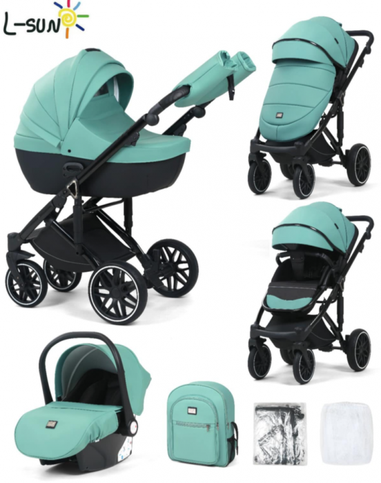 Carucior 3 in 1, 0-36 luni, Colectia Fizio-Lux G8, Piese distincte, Cu Suspensii, Landou reversibil, Husa de ploaie si insecte, Geanta de scutece, Manusi de protectie, Eco-piele, Green [7]