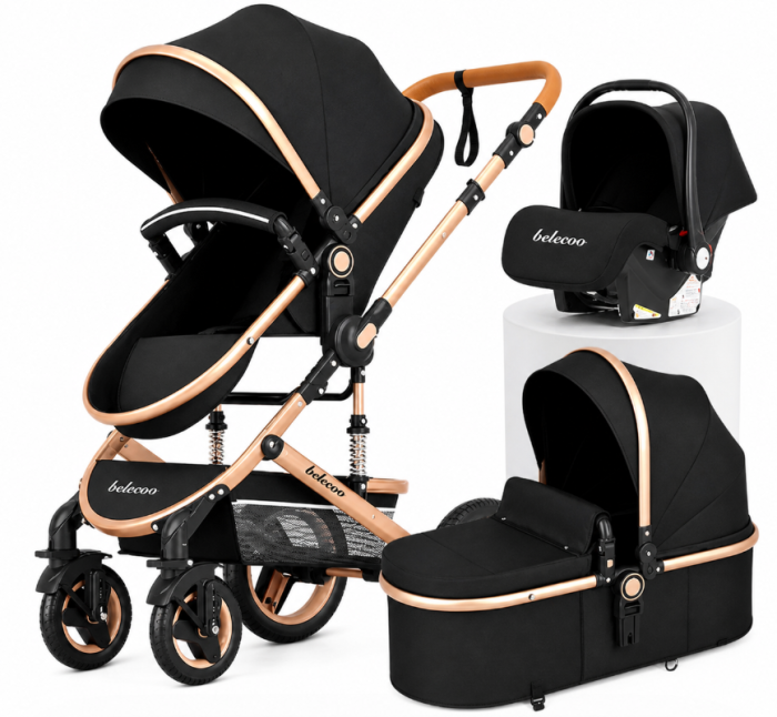 Carucior 3 in 1, Geanta de scutece, Suspensie pe roata si cadru, Pliabil, Original Belecoo, Negru cu cadru auriu [2]
